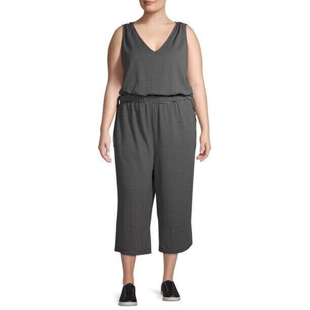 Terra & Sky Black Striped V-Neck One Piece Wide Leg Jumpsuit Womans Plus Size 3X